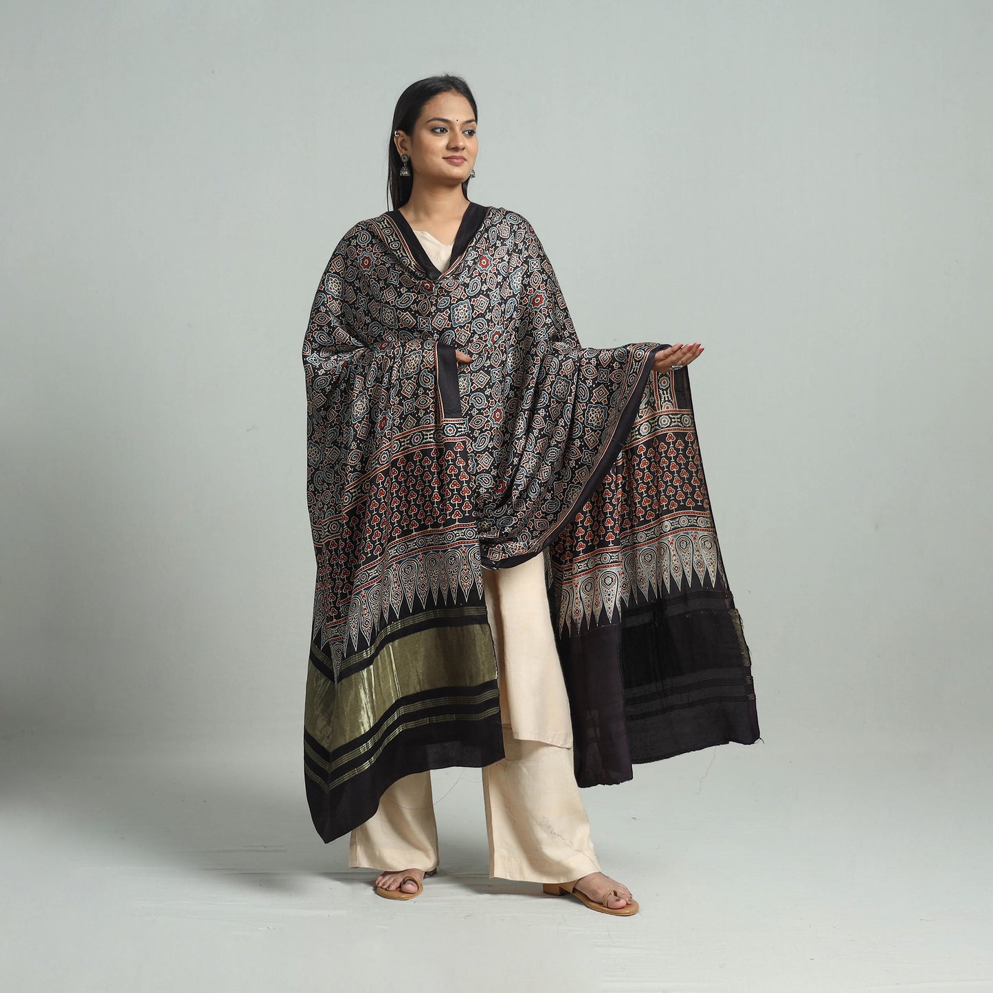 Black - Ajrakh Modal Silk Dupatta with Zari Border 92