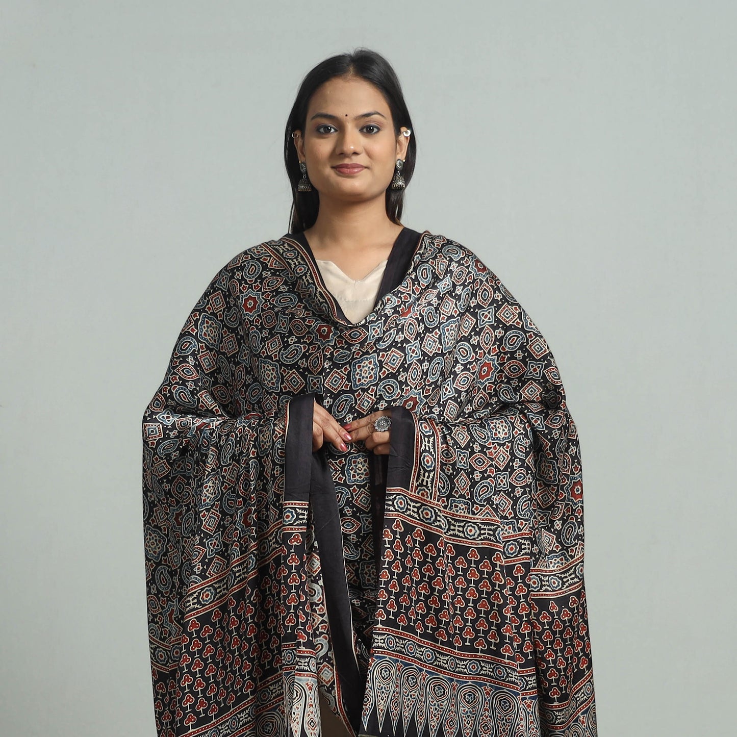 Black - Ajrakh Modal Silk Dupatta with Zari Border 92