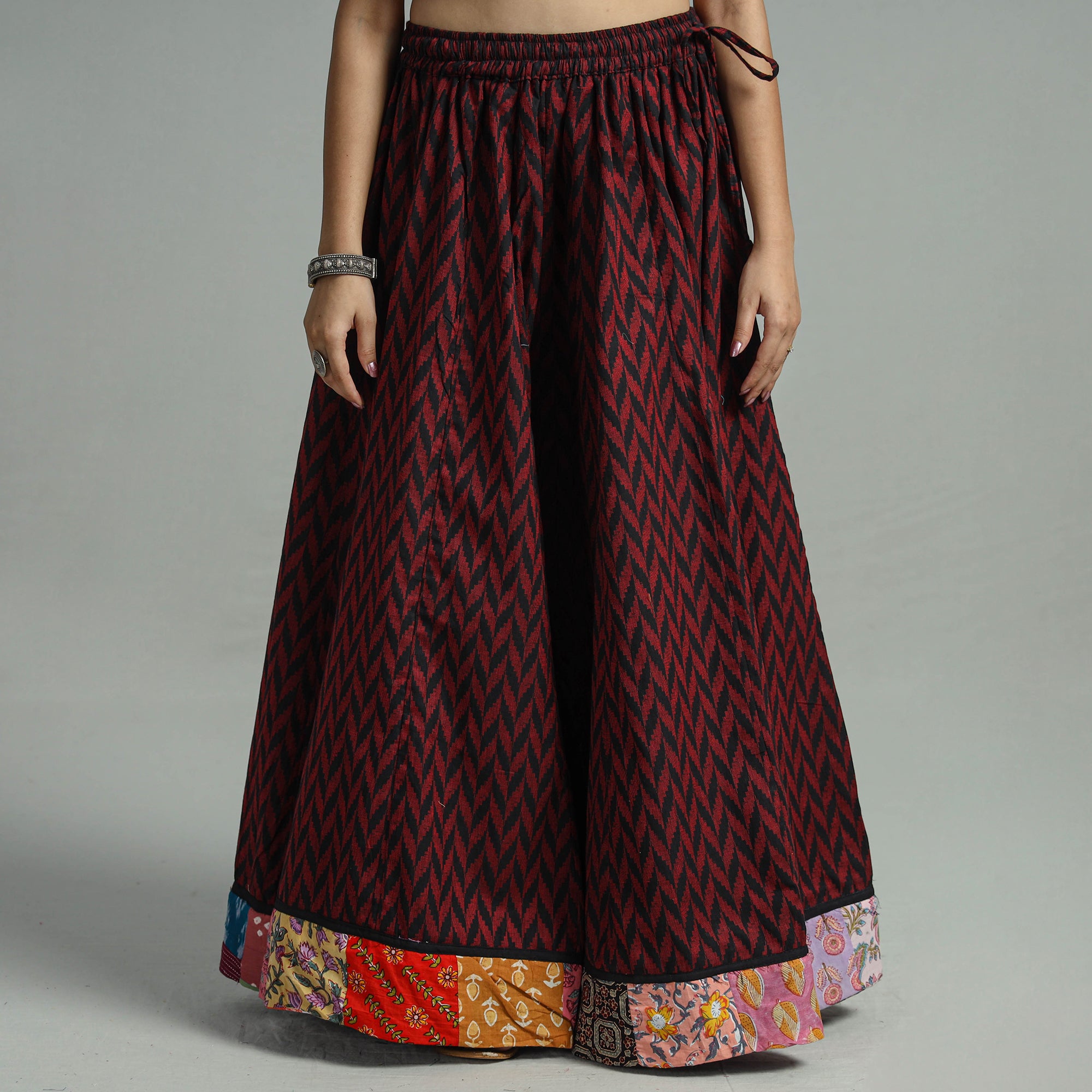 Maroon Jacquard Patchwork 24 Kali Cotton Long Skirt