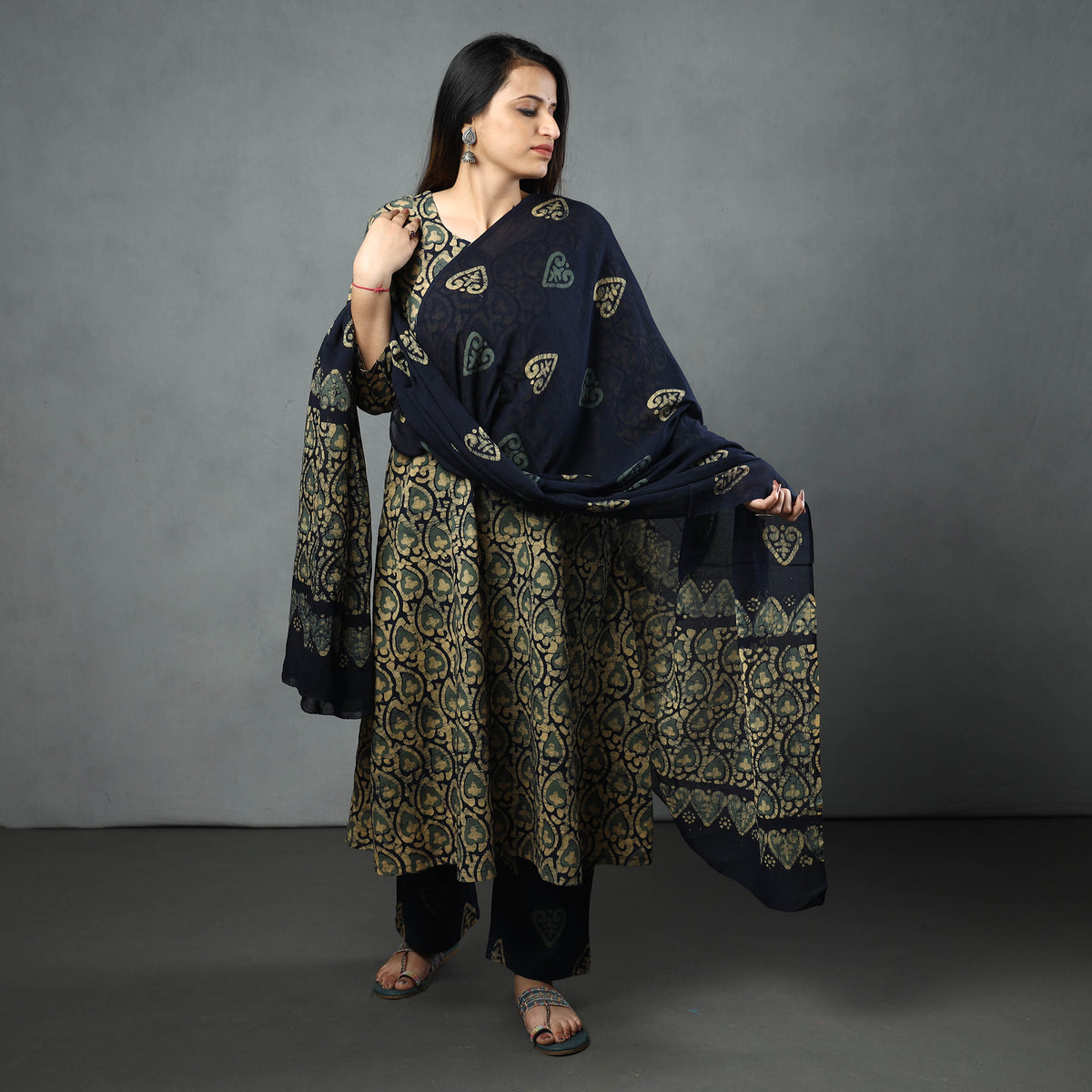 Black - Hand Batik Printed Cotton Kurta with Palazzo & Dupatta Set