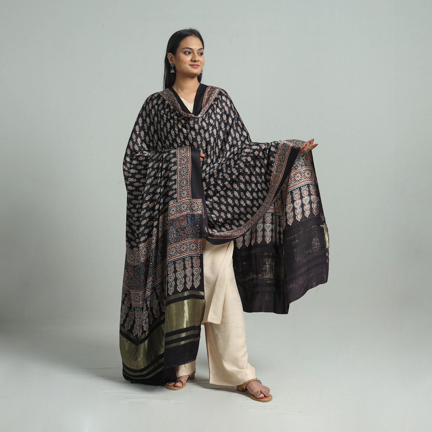 Black - Ajrakh Modal Silk Dupatta with Zari Border 93