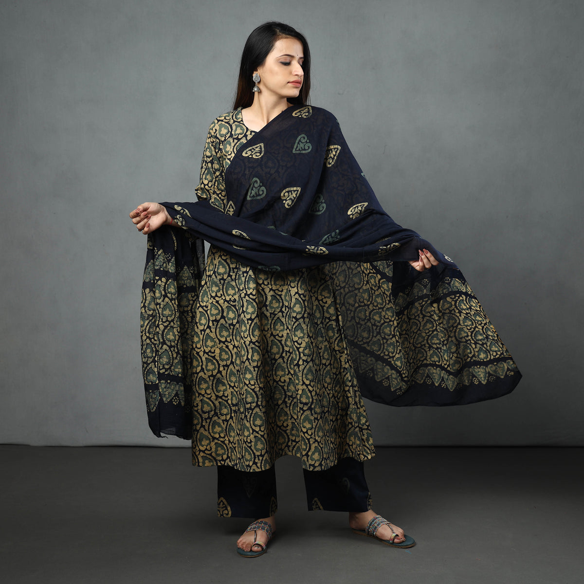 Black - Hand Batik Printed Cotton Kurta with Palazzo & Dupatta Set