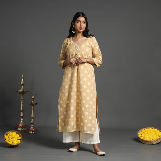 Beige - Handwoven Cutwork Cotton Banarasi Kurta 08