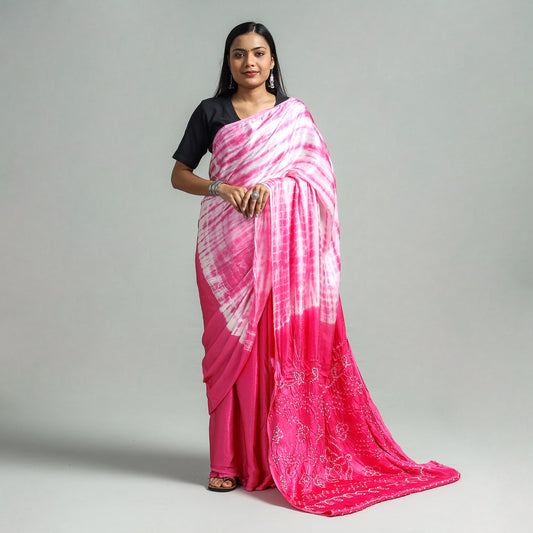 Pink - Kutch Bandhani & Shibori Tie-Dye Modal Silk Saree with Blouse