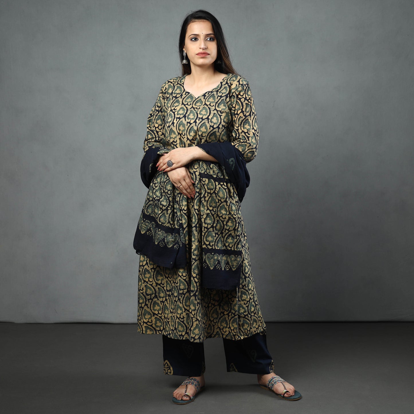 Black - Hand Batik Printed Cotton Kurta with Palazzo & Dupatta Set