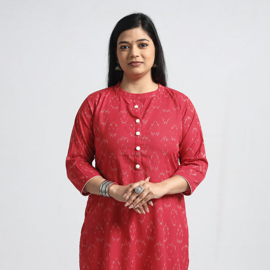 Red - Pochampally Ikat Weave Cotton Straight Kurta