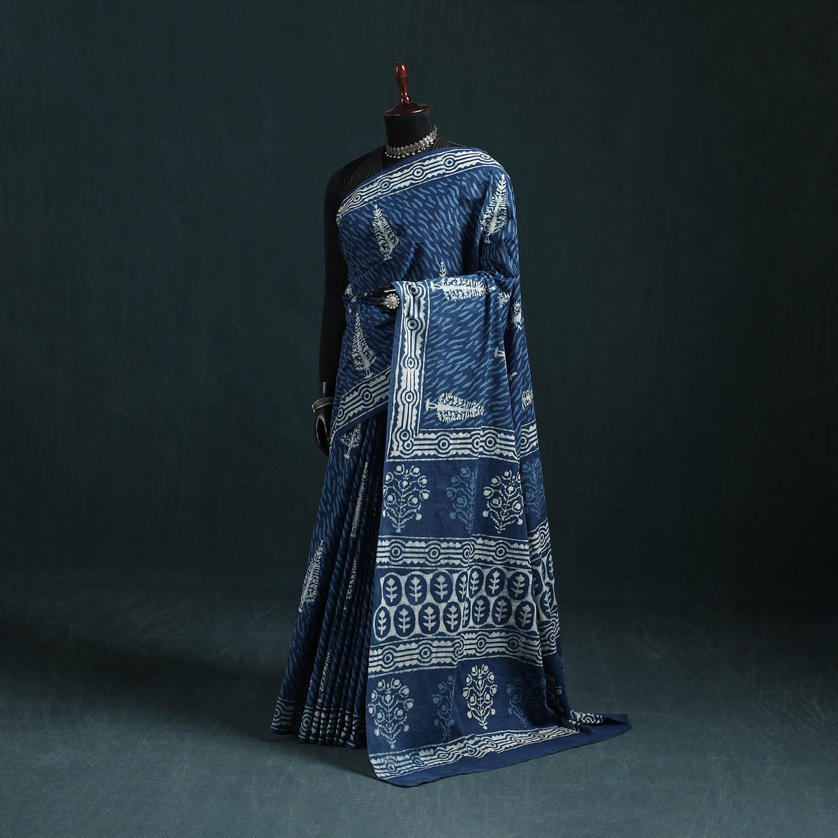 Blue - Pure Mul Cotton Natural Dyed Hand Block Indigo Bagru Print Saree 49