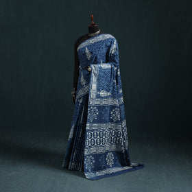 Blue - Pure Mul Cotton Natural Dyed Hand Block Indigo Bagru Print Saree 49