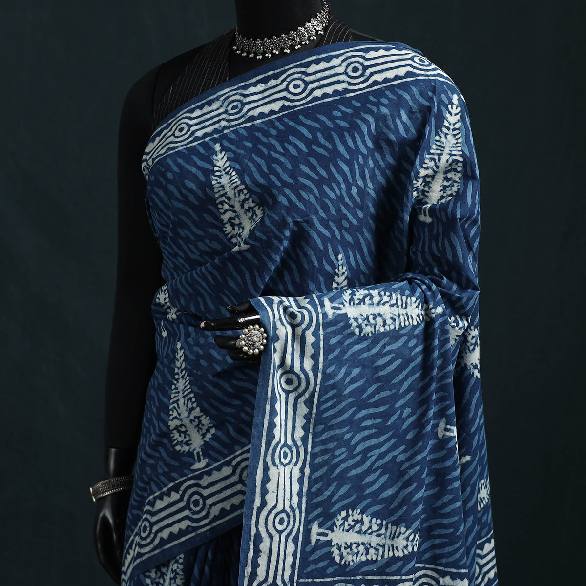 Blue - Pure Mul Cotton Natural Dyed Hand Block Indigo Bagru Print Saree 49