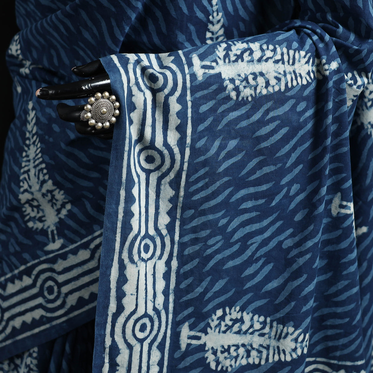 Blue - Pure Mul Cotton Natural Dyed Hand Block Indigo Bagru Print Saree 49