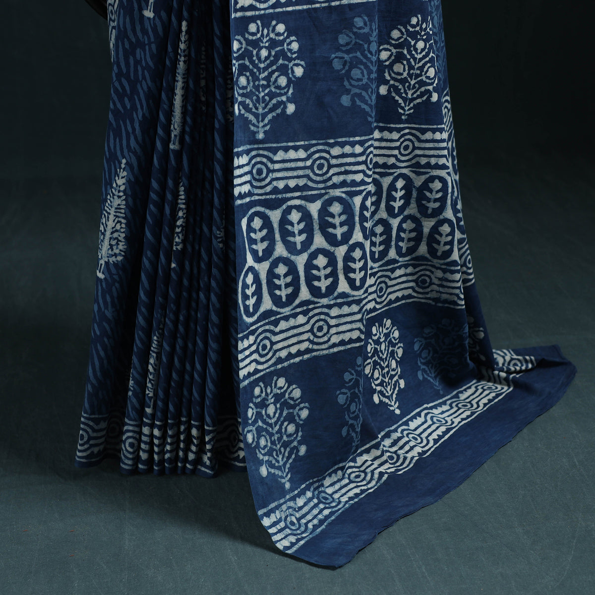 Blue - Pure Mul Cotton Natural Dyed Hand Block Indigo Bagru Print Saree 49