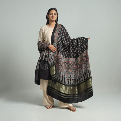 Black - Ajrakh Modal Silk Dupatta with Zari Border 96