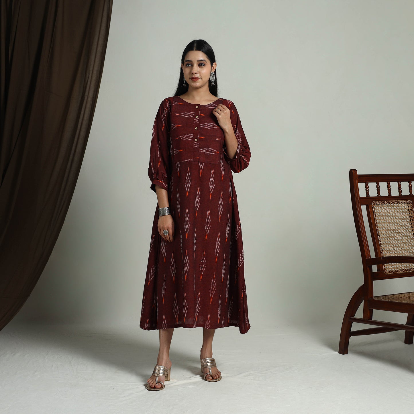 Maroon - Flared Cotton Pochampally Ikat Dress 13