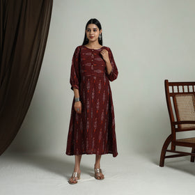 Maroon - Flared Cotton Pochampally Ikat Dress 13