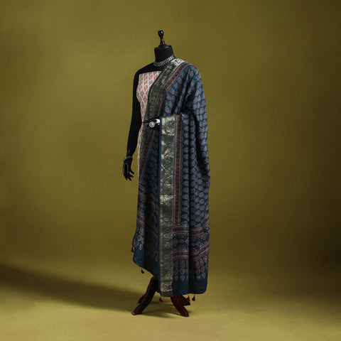 Hand Block Print Natural Dyed Dola Silk Zari Border Ajrakh Dupatta with Tassels 19