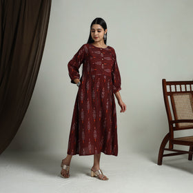 Maroon - Flared Cotton Pochampally Ikat Dress 13