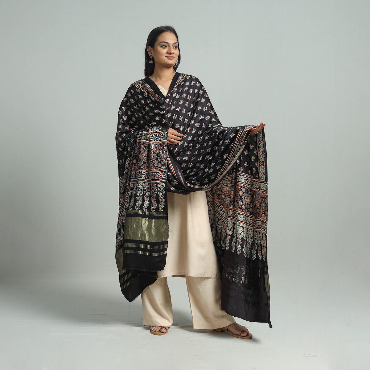 Black - Ajrakh Modal Silk Dupatta with Zari Border 96