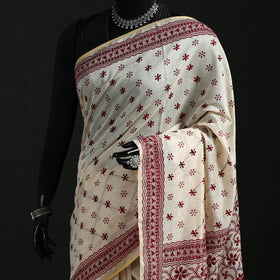 White - Bengal Kantha Hand Embroidery Silk Cotton Chapa Work Saree 01