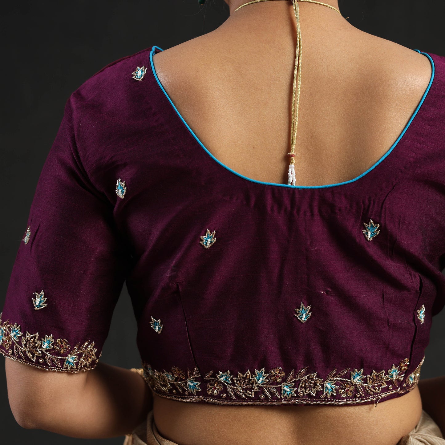 Purple - Zardozi Hand Embroidery Slub Silk Plain Blouse 02