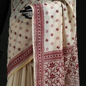 White - Bengal Kantha Hand Embroidery Silk Cotton Chapa Work Saree 01