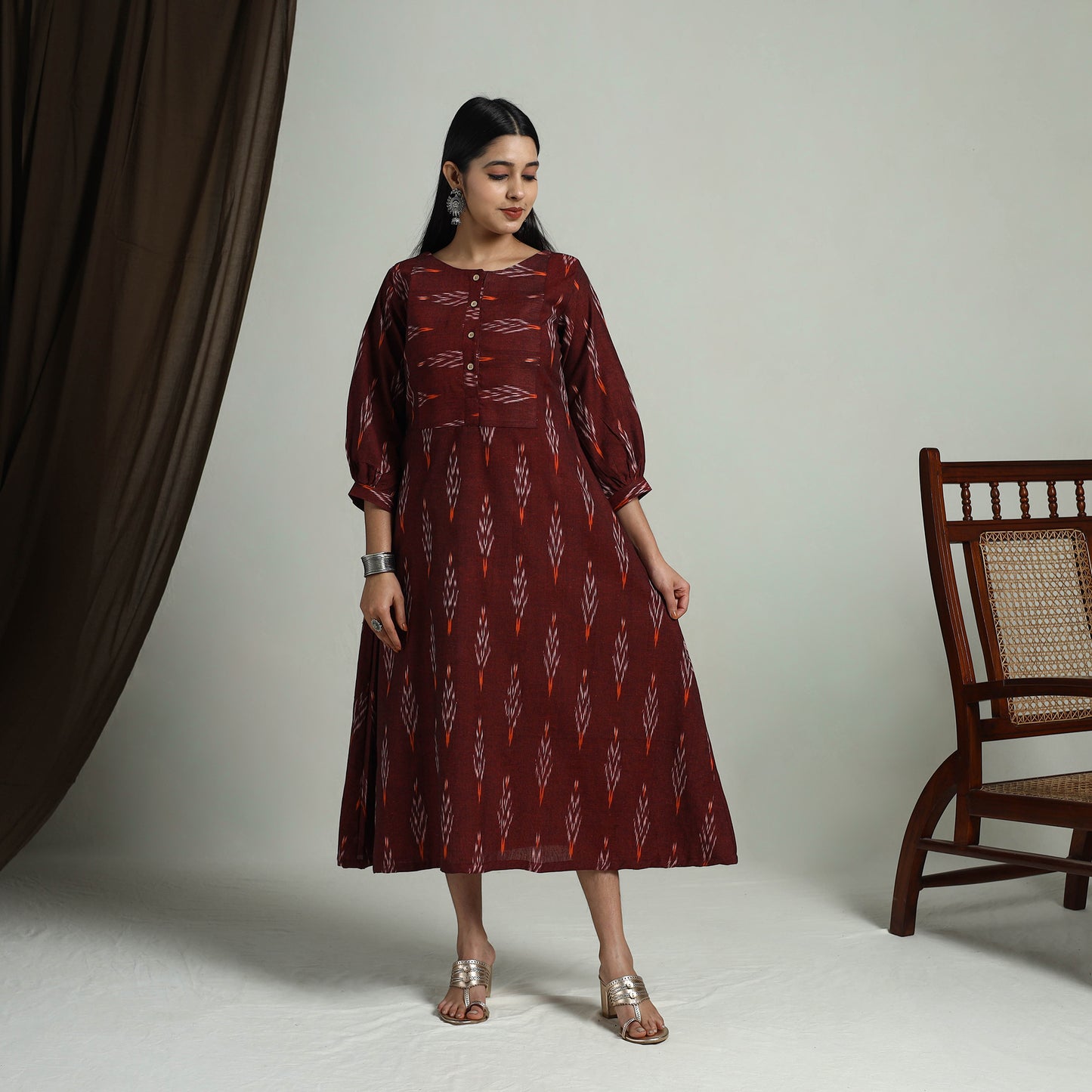 Maroon - Flared Cotton Pochampally Ikat Dress 13