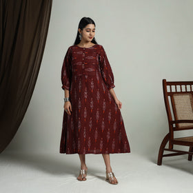 Maroon - Flared Cotton Pochampally Ikat Dress 13