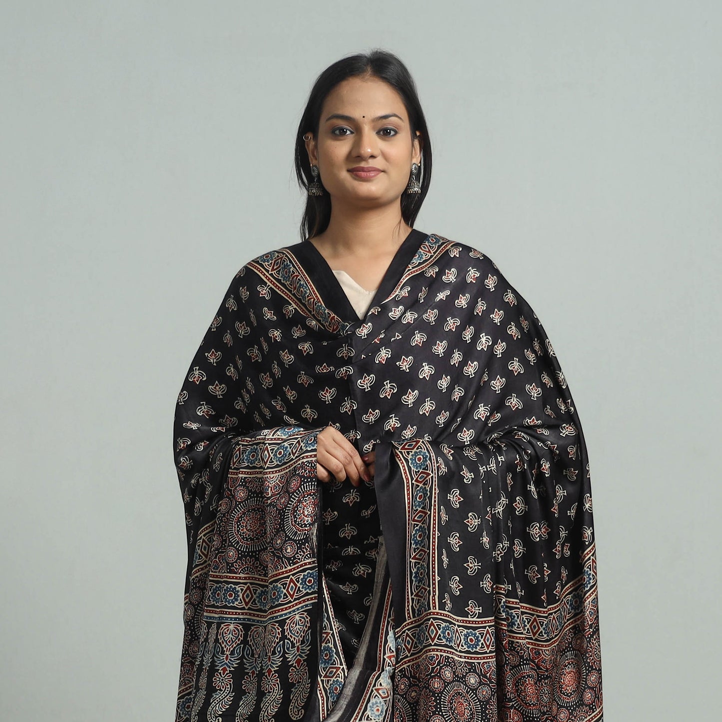 Black - Ajrakh Modal Silk Dupatta with Zari Border 96