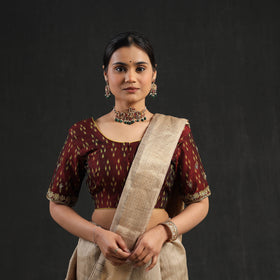 Brown Zardozi Hand Embroidery Cotton Pochampally Ikat Blouse