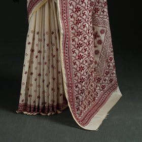 White - Bengal Kantha Hand Embroidery Silk Cotton Chapa Work Saree 01