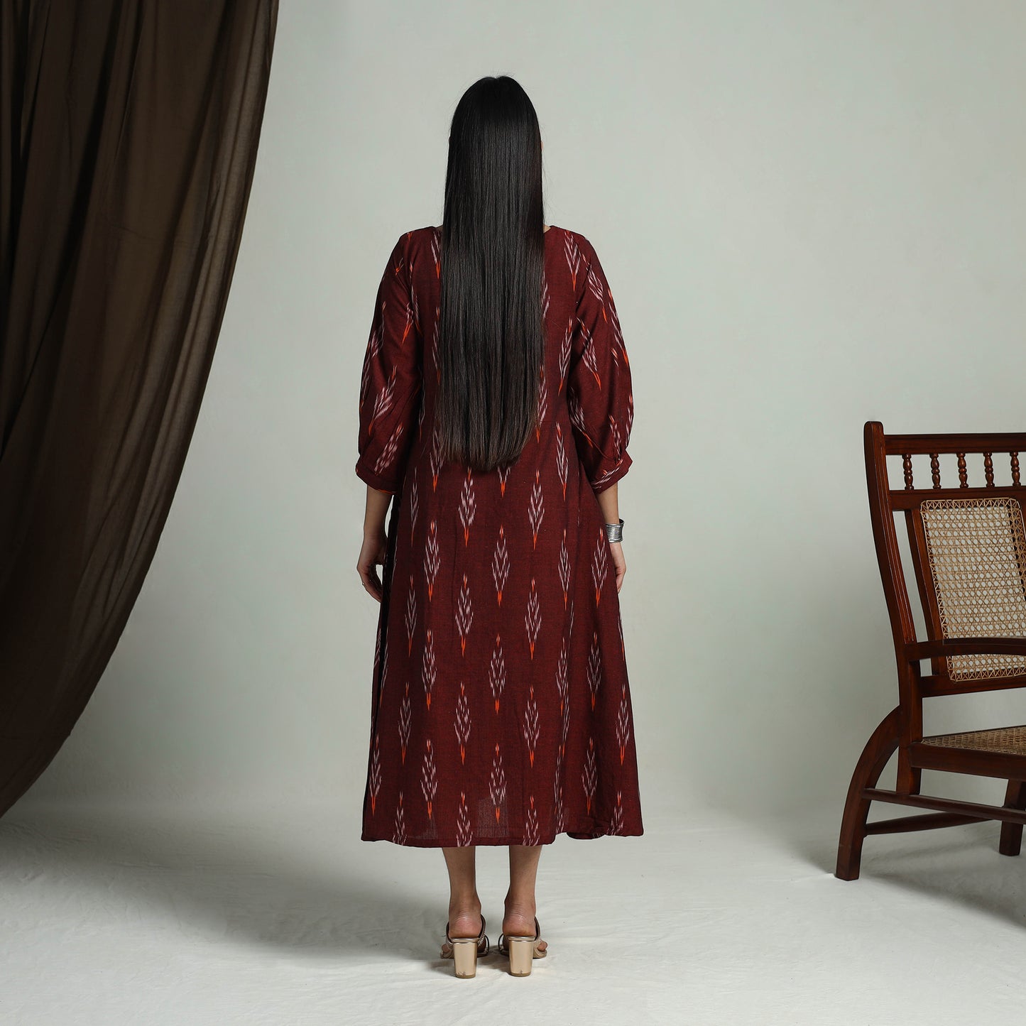 Maroon - Flared Cotton Pochampally Ikat Dress 13