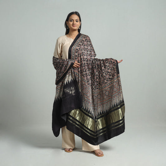 Black - Ajrakh Modal Silk Dupatta with Zari Border 97