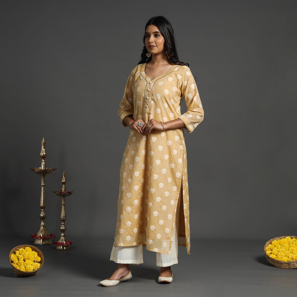 Beige - Handwoven Cutwork Cotton Banarasi Kurta 08