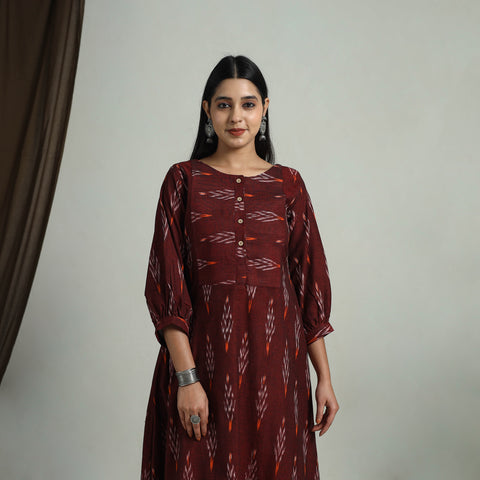 Maroon - Flared Cotton Pochampally Ikat Dress 13