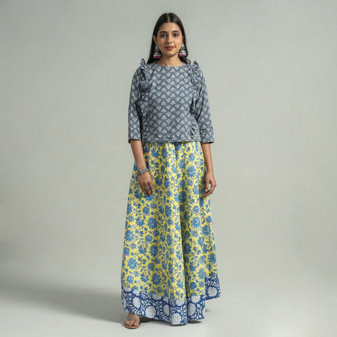 Yellow Sanganeri Block Printed Cotton Long Skirt 
