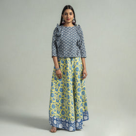 Yellow Sanganeri Block Printed Cotton Long Skirt 