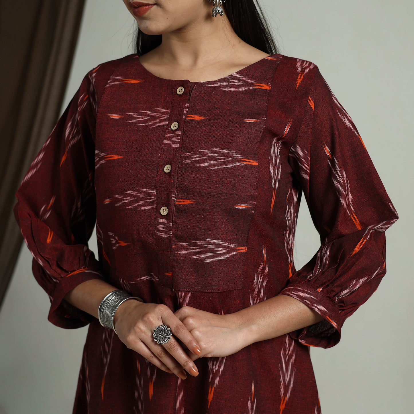 Maroon - Flared Cotton Pochampally Ikat Dress 13