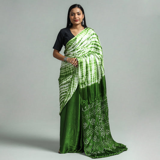 Green - Kutch Bandhani & Shibori Tie-Dye Modal Silk Saree with Blouse