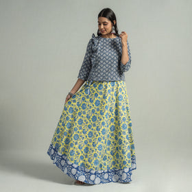 Yellow Sanganeri Block Printed Cotton Long Skirt 