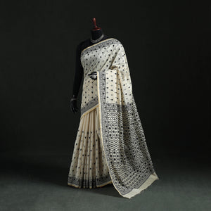 Cream - Bengal Kantha Hand Embroidery Silk Cotton Chapa Work Saree 02