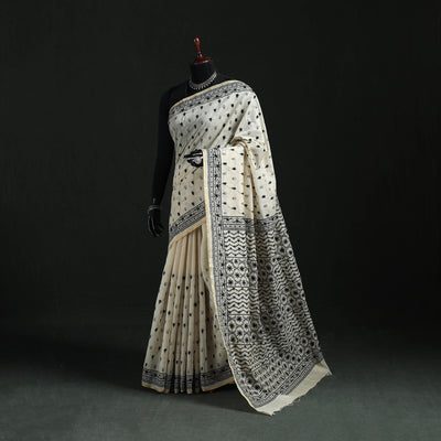 Cream - Bengal Kantha Hand Embroidery Silk Cotton Chapa Work Saree 02