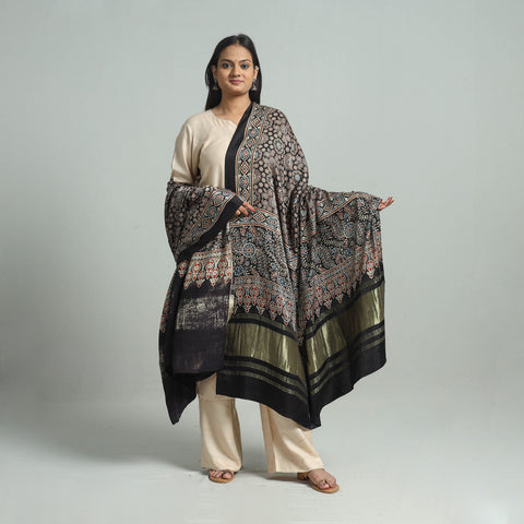 Black - Ajrakh Modal Silk Dupatta with Zari Border 98