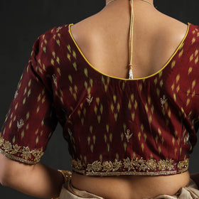 Brown Zardozi Hand Embroidery Cotton Pochampally Ikat Blouse