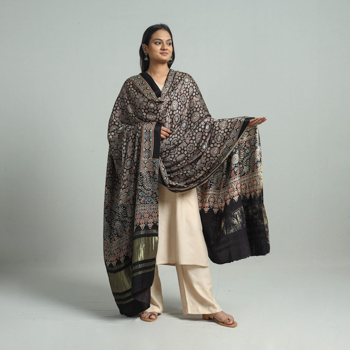 Black - Ajrakh Modal Silk Dupatta with Zari Border 98