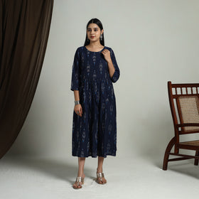 Blue - Flared Cotton Pochampally Ikat Dress 05