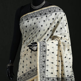 Cream - Bengal Kantha Hand Embroidery Silk Cotton Chapa Work Saree 02