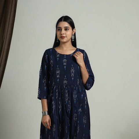 Blue - Flared Cotton Pochampally Ikat Dress 05