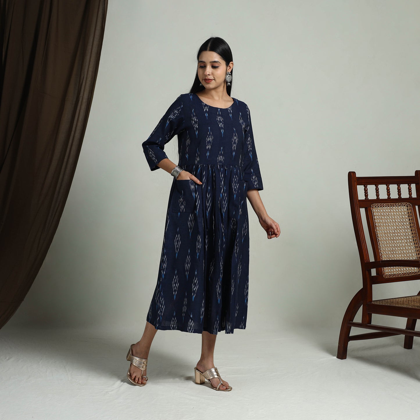 Blue - Flared Cotton Pochampally Ikat Dress 05