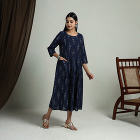 Blue - Flared Cotton Pochampally Ikat Dress 05