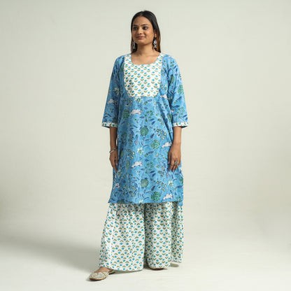 Blue - Sanganeri Block Printed Cotton Kurta with Sharara Set