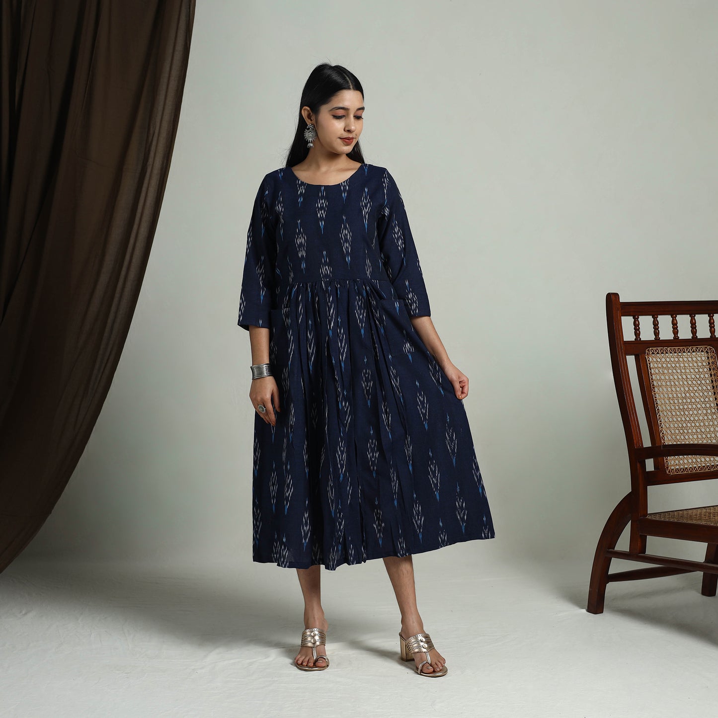 Blue - Flared Cotton Pochampally Ikat Dress 05